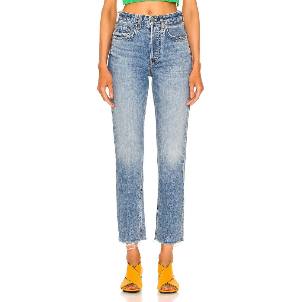 Grlfrnd Jeans Womens Size 29 Blue High Rise Karolina‎ Straight Leg Ankle Frayed